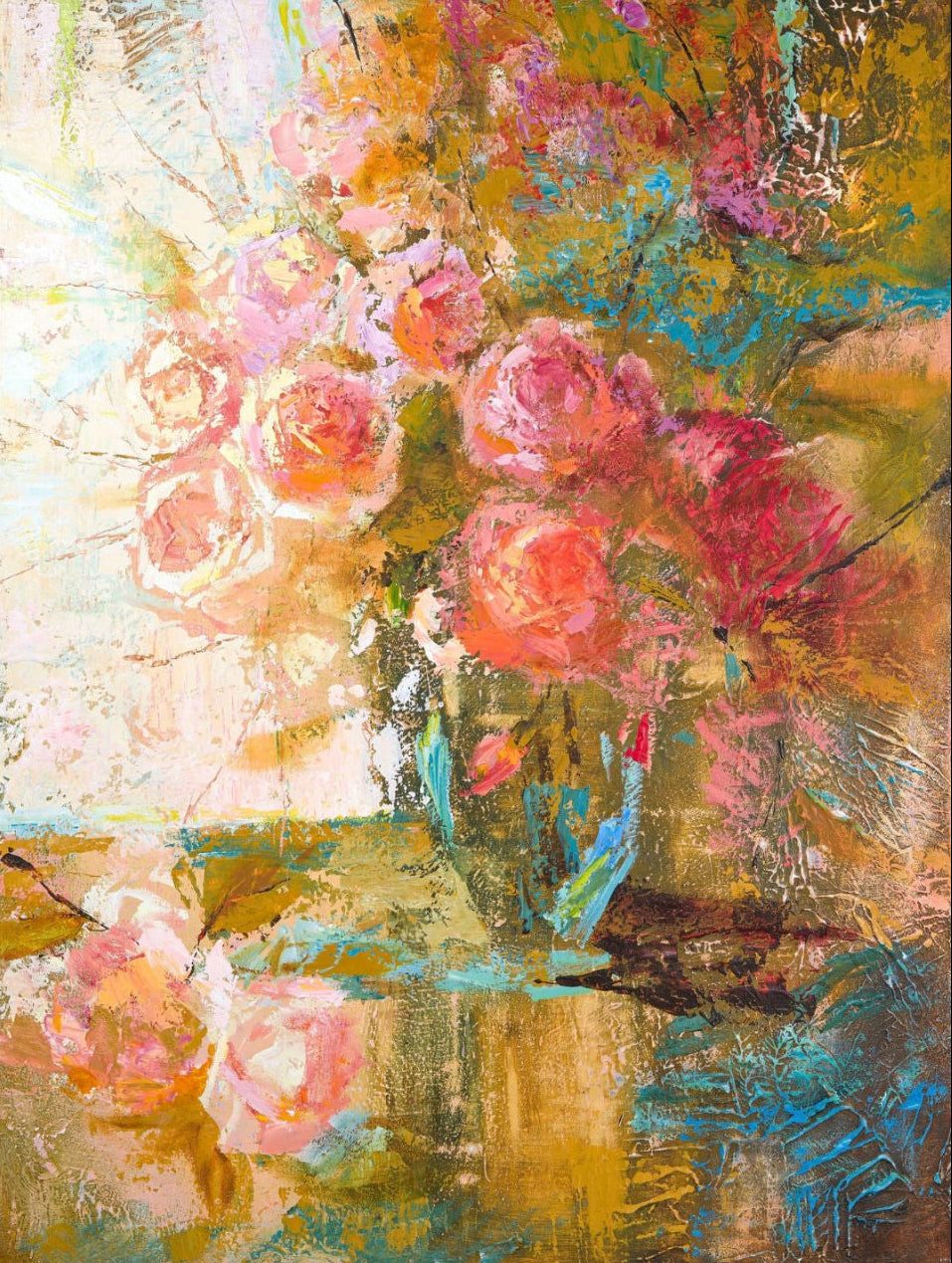 Abstract painting of pink roses with a colorful background